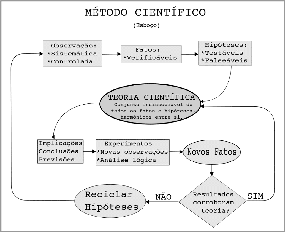 Esboço contendo os principais passos do método científico. O método começa pela observação, que deve ser sistemática e controlada, a fim de que se obtenham os fatos científicos. O método é cíclico, girando em torno do que se denomina Teoria Científica, a união indissociável do conjunto de todos os fatos científicos conhecidos e de um conjunto de hipóteses testáveis e testadas capaz de explicá-los. Os fatos científicos, embora não necessariamente reprodutíveis, têm que ser necessariamente verificáveis. As hipóteses têm que ser testáveis frente aos fatos, e por tal, falseáveis. As teorias nunca são provadas e sim corroboradas.
