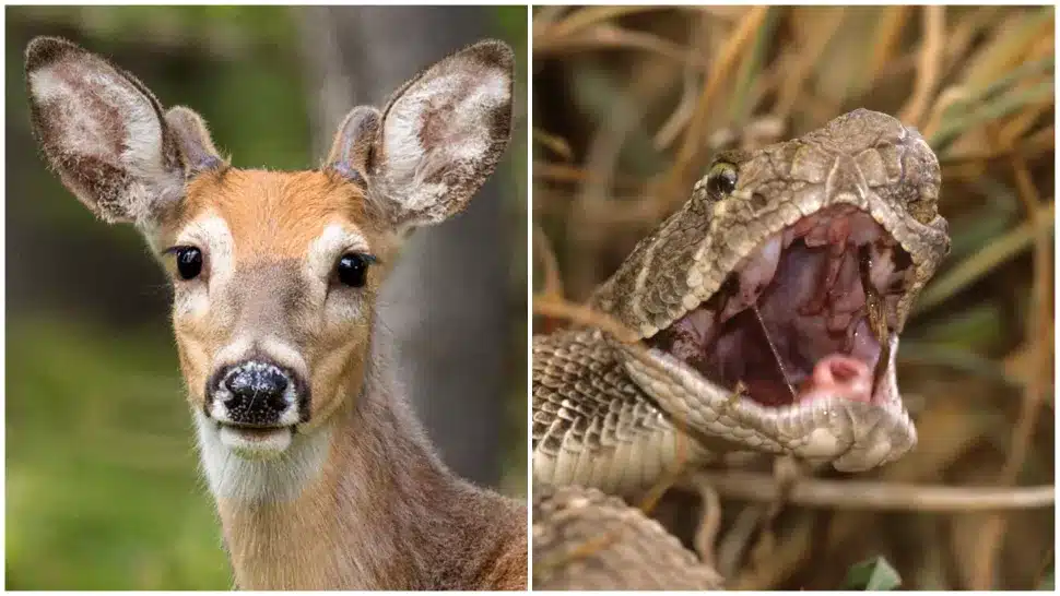 Um veado-de-cauda-branca (Odocoileus virginianus) foi filmado comendo uma cobra (espécie desconhecida) na beira de uma estrada no Texas. (Crédito da imagem: Colleen Gara/twildlife/Getty Images)