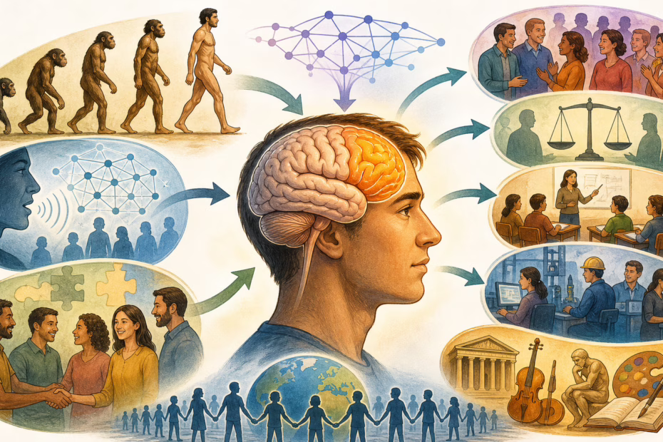Ilustração didática sobre autodomesticação humana, cérebro social e formação de normas e cultura