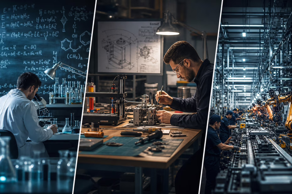 Composição editorial sobre ciência, tecnologia e indústria em três estágios complementares
